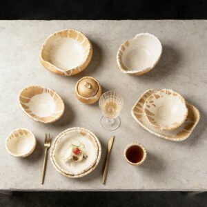 Handcrafted Coarse Pottery Tableware Set with White Glaze Streaks