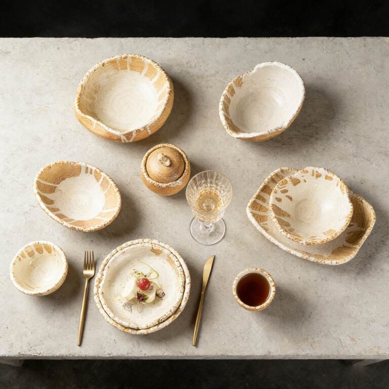 Handcrafted Coarse Pottery Tableware Set with White Glaze Streaks
