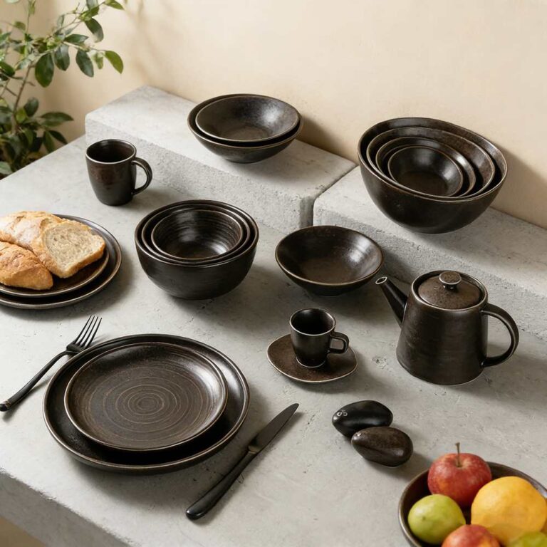 Product Description This tableware set centers on dark brown kiln-change glaze + vintage spiral pattern design, crafted from ceramic. The glaze presents a rich dark brown kiln-change finish paired with understated spiral textures, fitting the dining scenarios of dark-style Western restaurants, Japanese izakayas, and industrial-style home tables, infusing a calm and high-end atmosphere into meals. It blends aesthetics with functionality: The dark brown kiln-change glaze features a vintage matte texture, combining uniqueness and quality; the spiral pattern details enhance visual layers and suit serving diverse dishes like grilled meat, sushi, and thick soups; the multi-vessel combination (plates, bowls, teapots, cups) covers scenarios like formal meals and tea service. Matching with same-color cutlery creates a unified style. Whether for distinctive serving in restaurants or quality family gatherings, this tableware set becomes a textured highlight on the dining table with its calm vintage style.