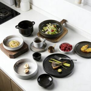 Gray-Black Contrasting Kiln-Change Glaze Ceramic Dinnerware Set