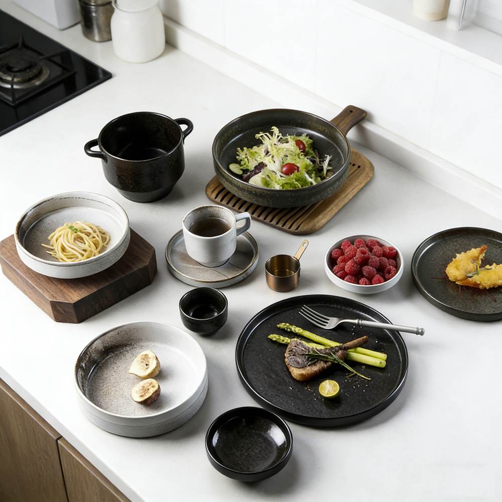 Gray-Black Contrasting Kiln-Change Glaze Ceramic Dinnerware Set