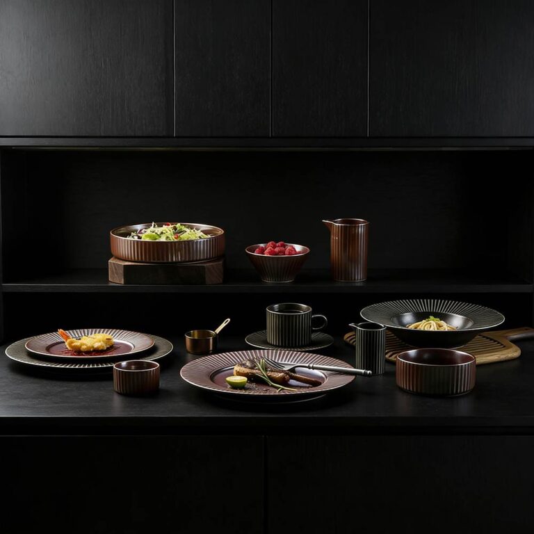 Dark Brown/Black Vertical-Stripe Matte Glaze Ceramic Dinnerware Set