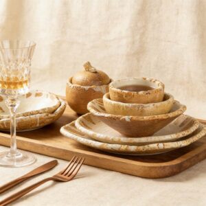 Handcrafted Coarse Pottery Tableware Set with White Glaze Streaks
