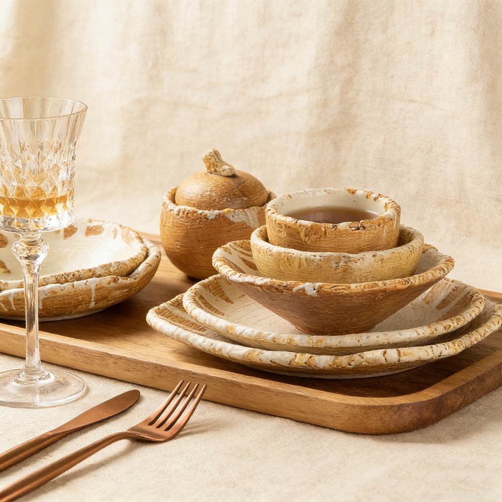 Handcrafted Coarse Pottery Tableware Set with White Glaze Streaks
