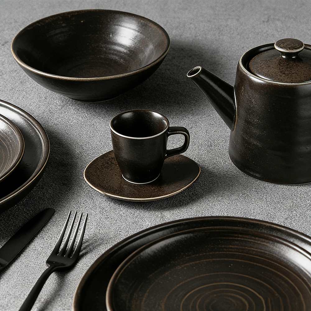 Product Description This tableware set centers on dark brown kiln-change glaze + vintage spiral pattern design, crafted from ceramic. The glaze presents a rich dark brown kiln-change finish paired with understated spiral textures, fitting the dining scenarios of dark-style Western restaurants, Japanese izakayas, and industrial-style home tables, infusing a calm and high-end atmosphere into meals. It blends aesthetics with functionality: The dark brown kiln-change glaze features a vintage matte texture, combining uniqueness and quality; the spiral pattern details enhance visual layers and suit serving diverse dishes like grilled meat, sushi, and thick soups; the multi-vessel combination (plates, bowls, teapots, cups) covers scenarios like formal meals and tea service. Matching with same-color cutlery creates a unified style. Whether for distinctive serving in restaurants or quality family gatherings, this tableware set becomes a textured highlight on the dining table with its calm vintage style.