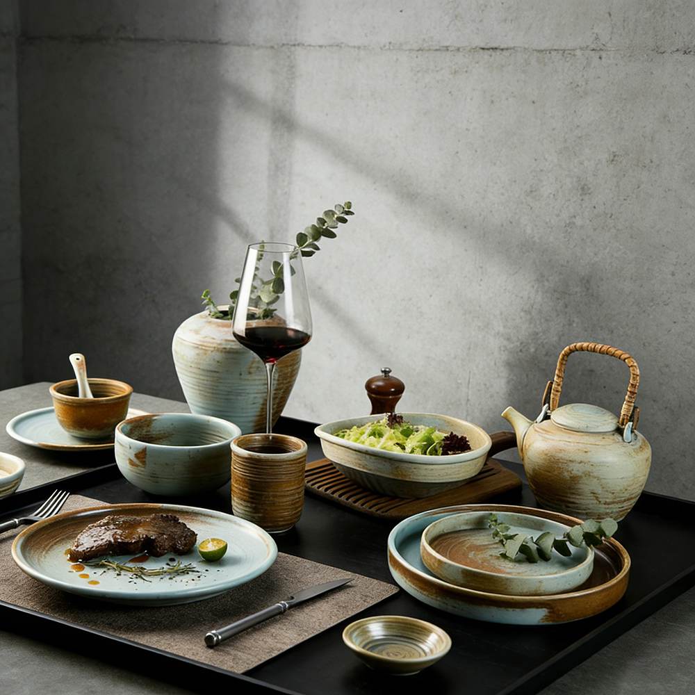 Turquoise-Yellow Gradient Kiln-Change Glaze Ceramic Dinnerware Set