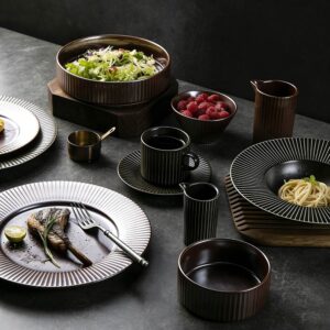 Dark Brown/Black Vertical-Stripe Matte Glaze Ceramic Dinnerware Set