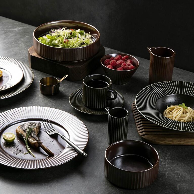 Dark Brown/Black Vertical-Stripe Matte Glaze Ceramic Dinnerware Set
