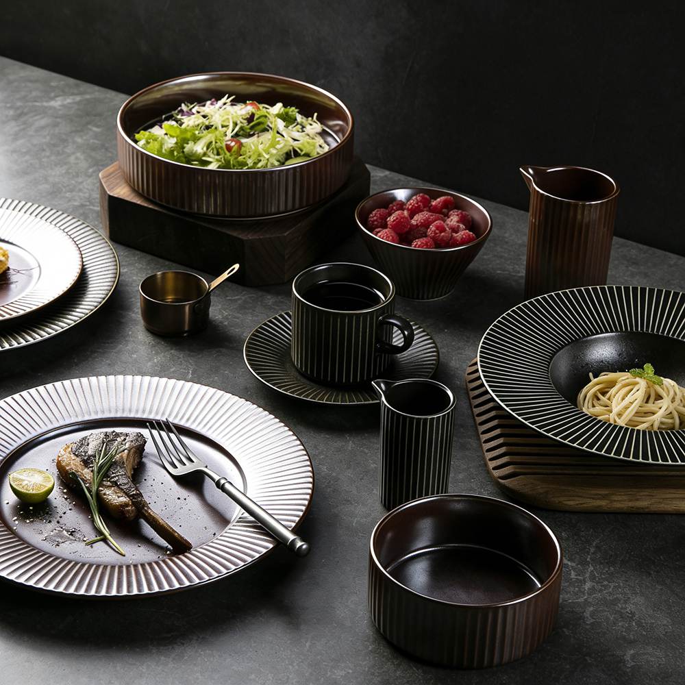 Dark Brown/Black Vertical-Stripe Matte Glaze Ceramic Dinnerware Set