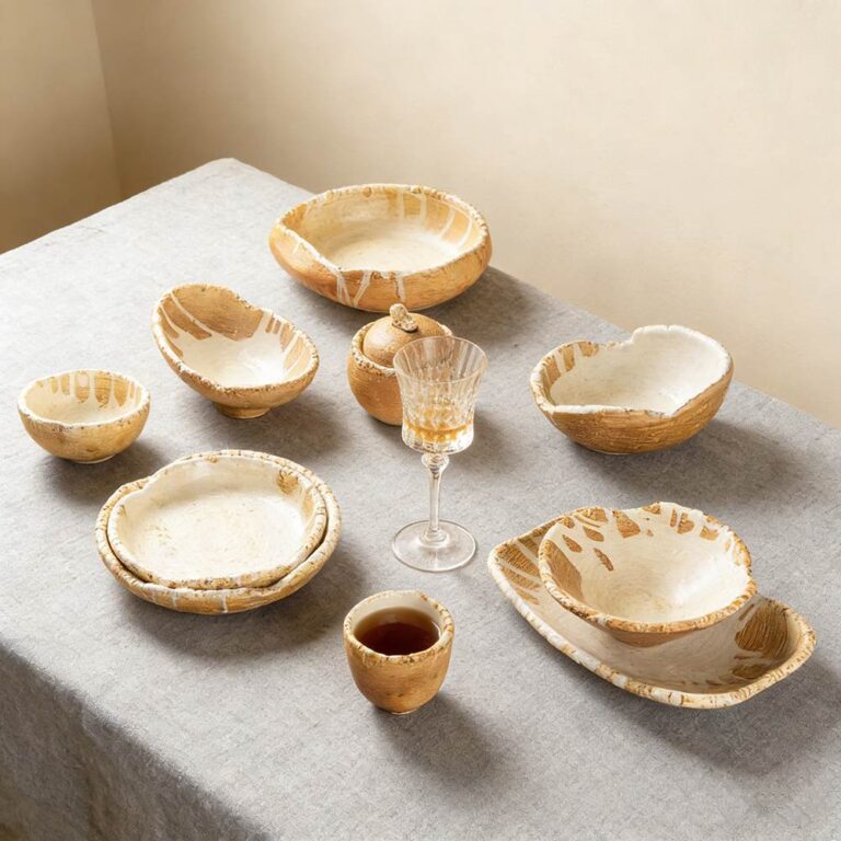 Handcrafted Coarse Pottery Tableware Set with White Glaze Streaks