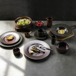 Dark Brown/Black Vertical-Stripe Matte Glaze Ceramic Dinnerware Set