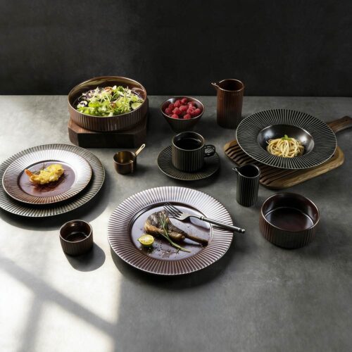 Dark Brown/Black Vertical-Stripe Matte Glaze Ceramic Dinnerware Set