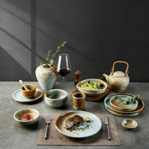 Turquoise-Yellow Gradient Kiln-Change Glaze Ceramic Dinnerware Set