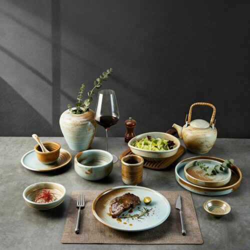 Turquoise-Yellow Gradient Kiln-Change Glaze Ceramic Dinnerware Set
