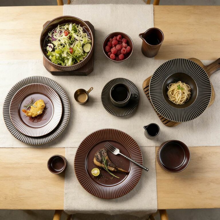 Dark Brown/Black Vertical-Stripe Matte Glaze Ceramic Dinnerware Set