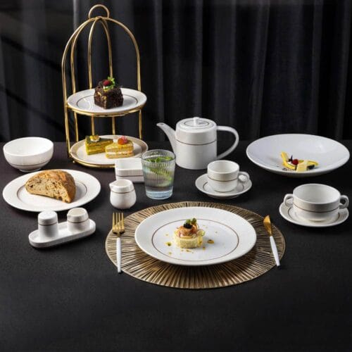 White Vertical-Stripe Porcelain Dinnerware Set with Gold Trim