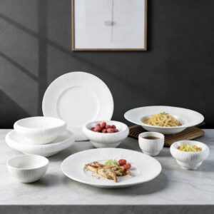 Pure White Embossed Vertical Stripe Porcelain Tableware Set