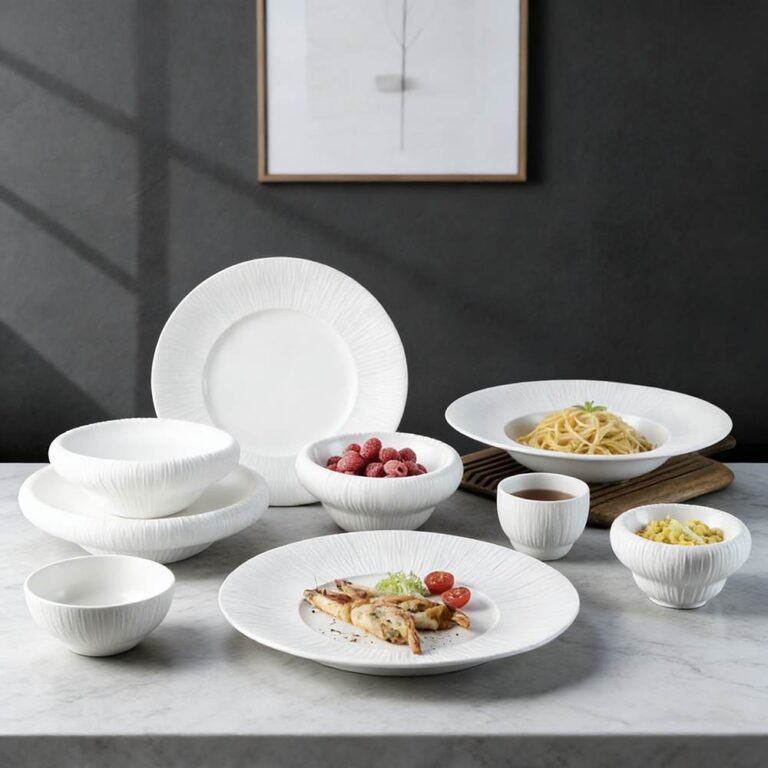 Pure White Embossed Vertical Stripe Porcelain Tableware Set