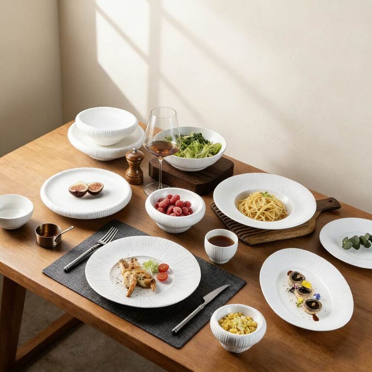 Pure White Embossed Vertical Stripe Porcelain Tableware Set