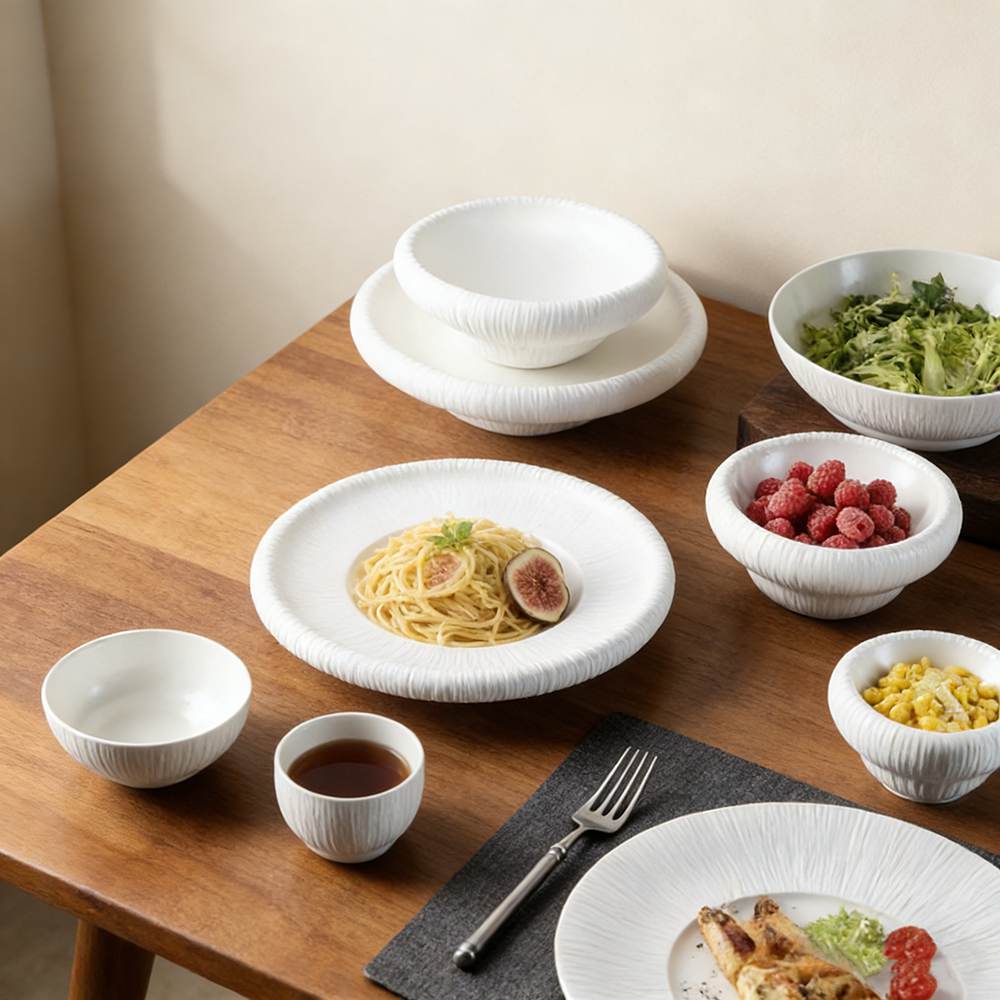 Pure White Embossed Vertical Stripe Porcelain Tableware Set