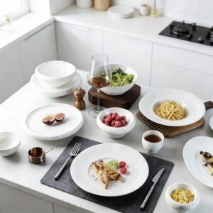 Pure White Embossed Vertical Stripe Porcelain Tableware Set