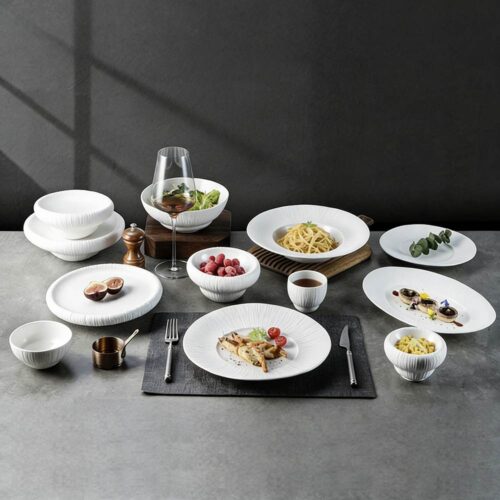 Pure White Embossed Vertical Stripe Porcelain Tableware Set