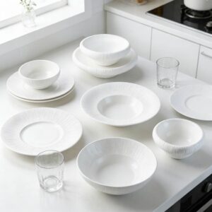 Pure White Embossed Vertical Stripe Porcelain Tableware Set
