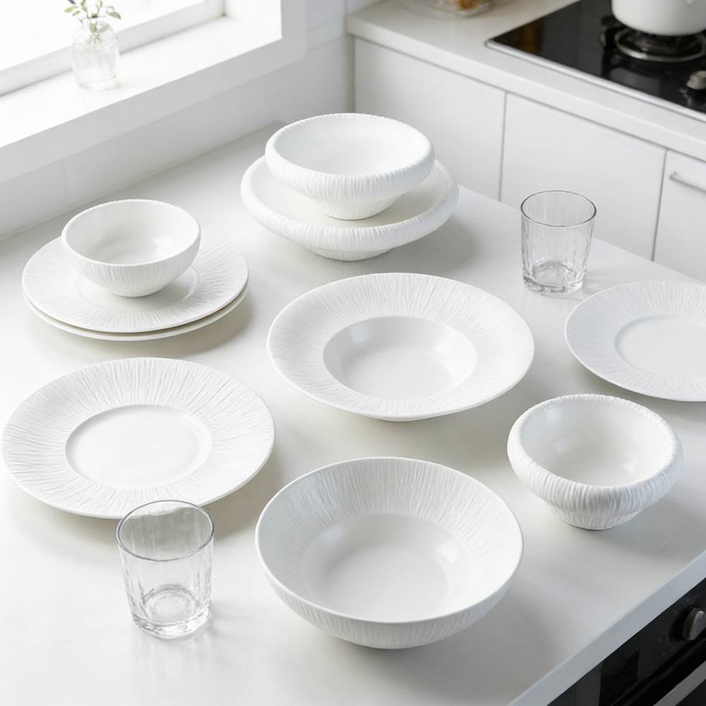 Pure White Embossed Vertical Stripe Porcelain Tableware Set