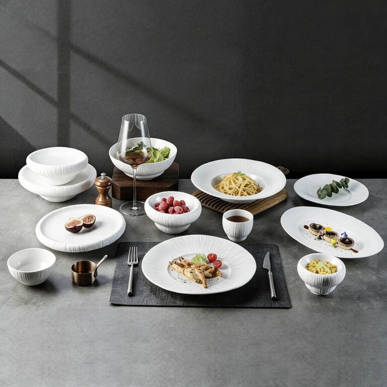 Pure White Embossed Vertical Stripe Porcelain Tableware Set