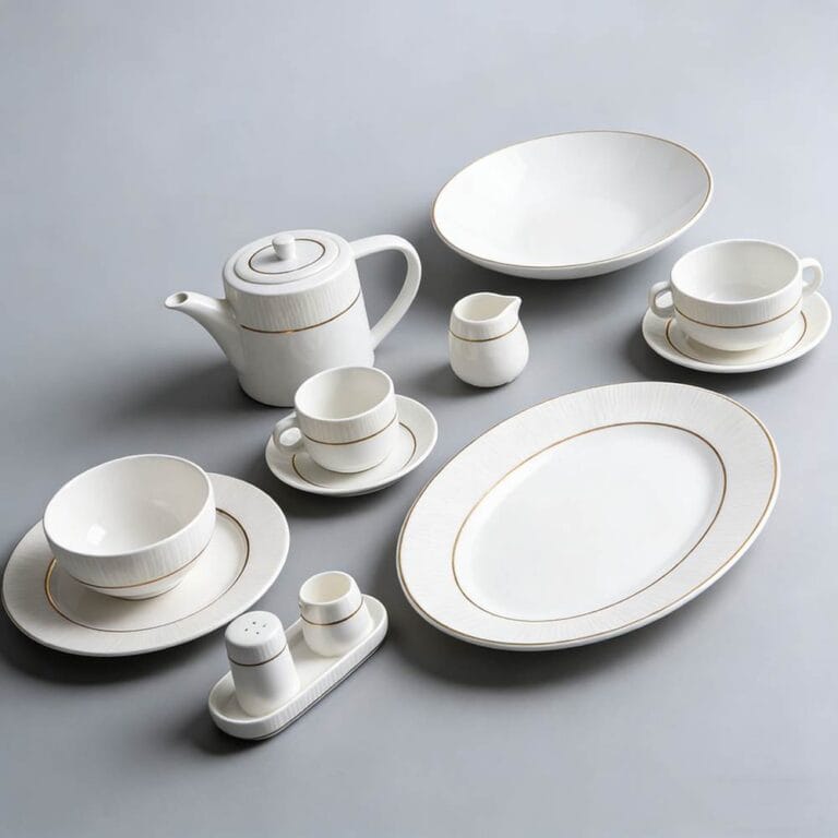 White Vertical-Stripe Porcelain Dinnerware Set with Gold Trim