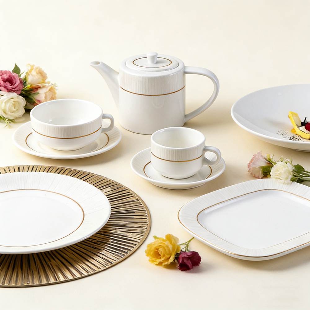 White Vertical-Stripe Porcelain Dinnerware Set with Gold Trim