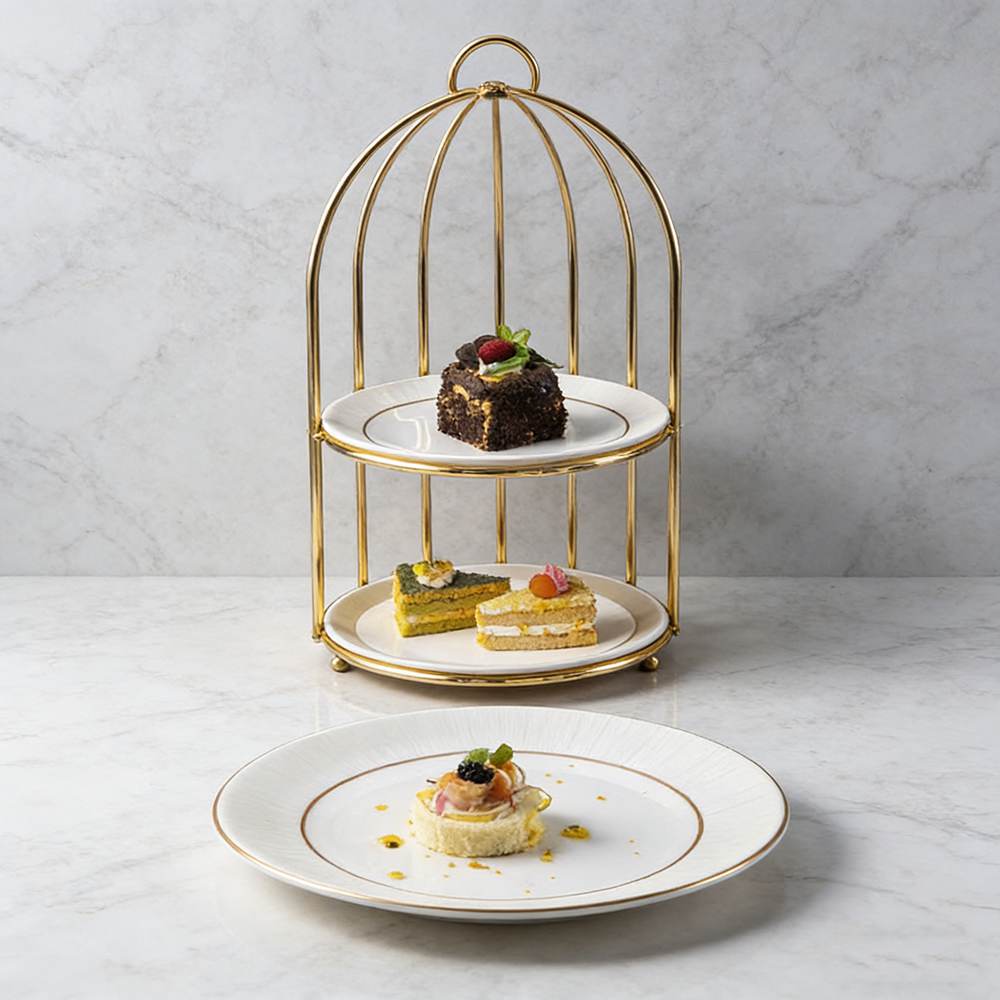 White Vertical-Stripe Porcelain Dinnerware Set with Gold Trim