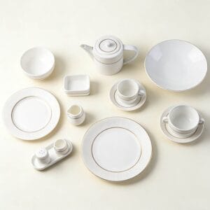 White Vertical-Stripe Porcelain Dinnerware Set with Gold Trim