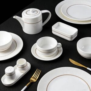 White Vertical-Stripe Porcelain Dinnerware Set with Gold Trim
