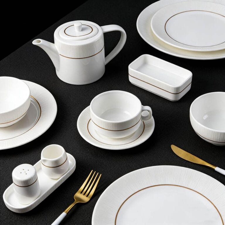White Vertical-Stripe Porcelain Dinnerware Set with Gold Trim
