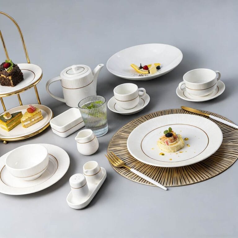 White Vertical-Stripe Porcelain Dinnerware Set with Gold Trim