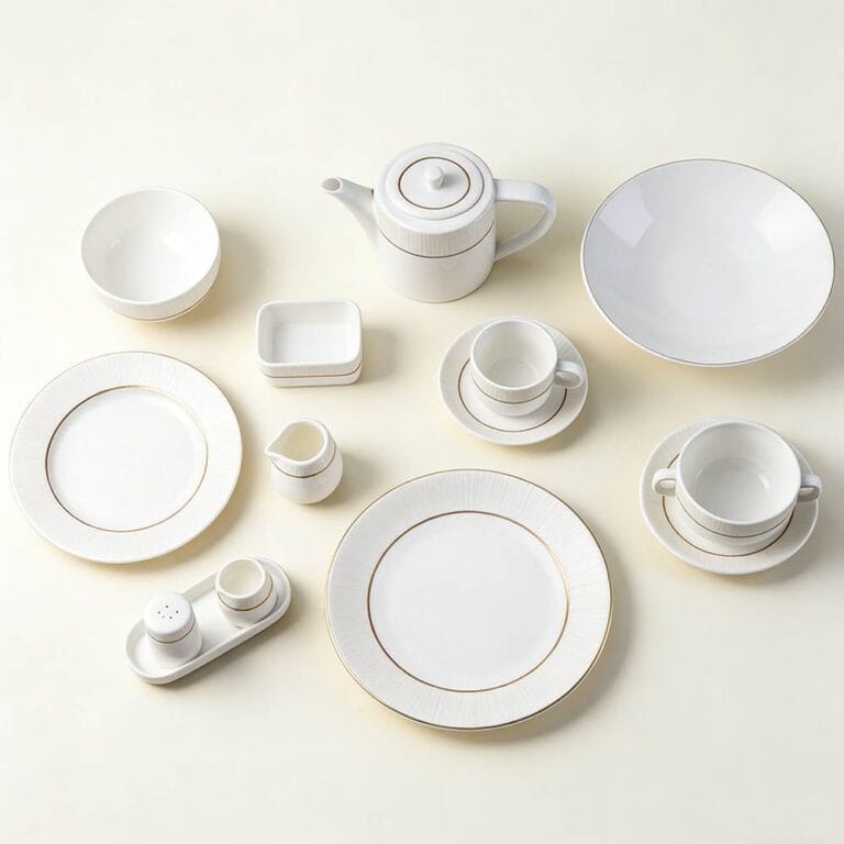 White Vertical-Stripe Porcelain Dinnerware Set with Gold Trim