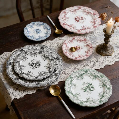 4-Color Floral Scalloped Bone China Wedding Plate Set