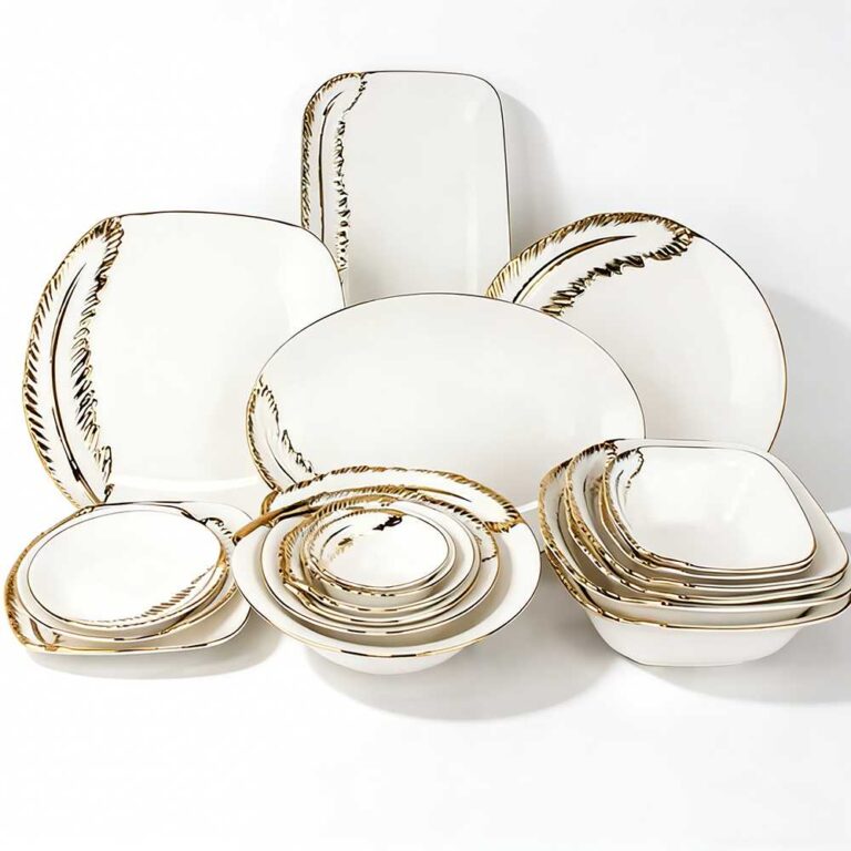 Light Luxury Gold-Rimmed Feather Pattern Porcelain Dinnerware Set