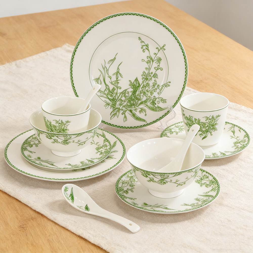 Lily of the Valley Green Pattern Bone China Dinnerware Set