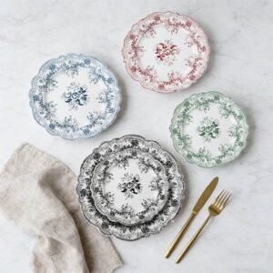 4-Color Floral Scalloped Bone China Wedding Plate Set
