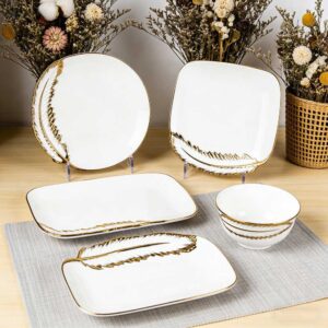 Light Luxury Gold-Rimmed Feather Pattern Porcelain Dinnerware Set