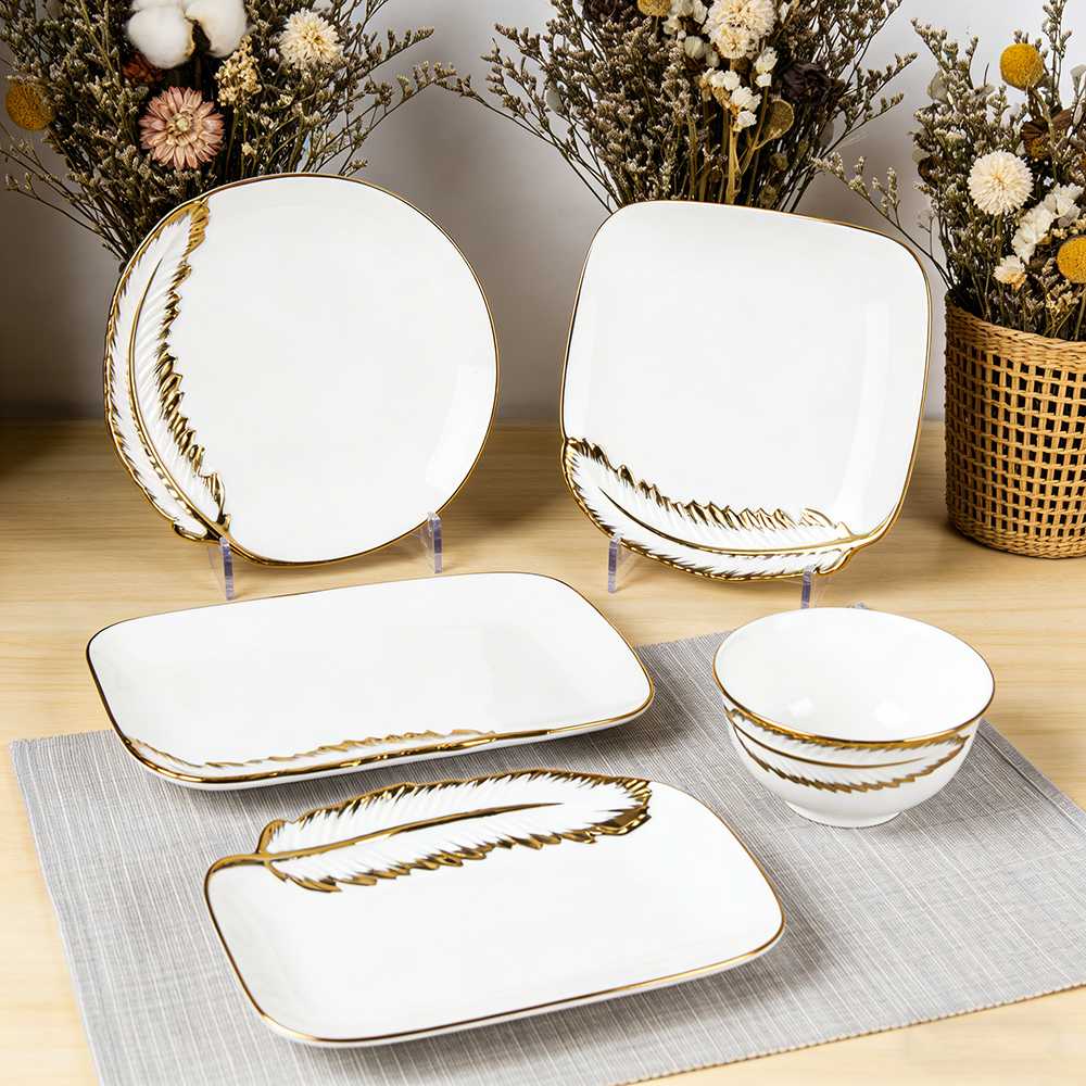 Light Luxury Gold-Rimmed Feather Pattern Porcelain Dinnerware Set