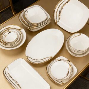 Light Luxury Gold-Rimmed Feather Pattern Porcelain Dinnerware Set