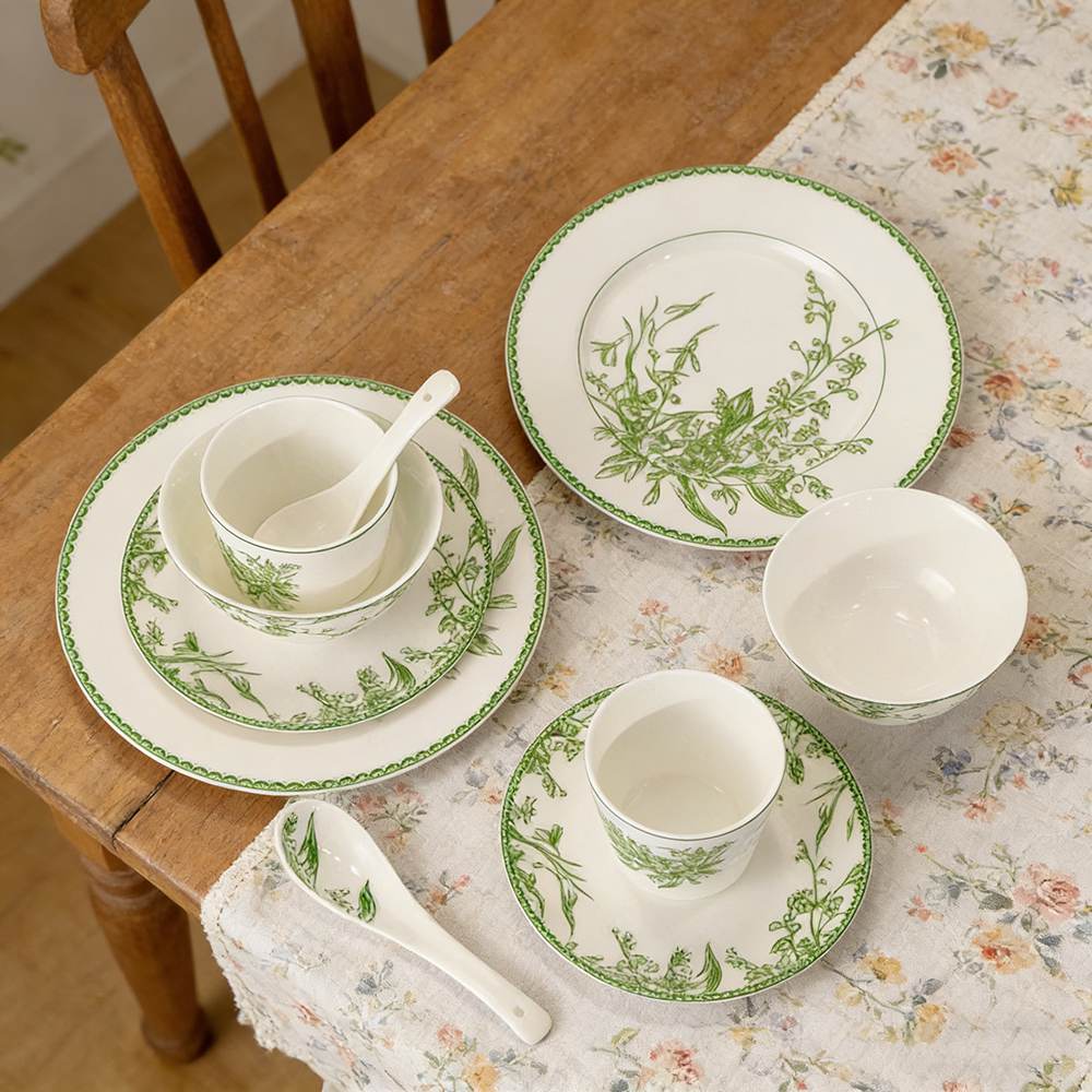 Lily of the Valley Green Pattern Bone China Dinnerware Set
