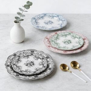 4-Color Floral Scalloped Bone China Wedding Plate Set