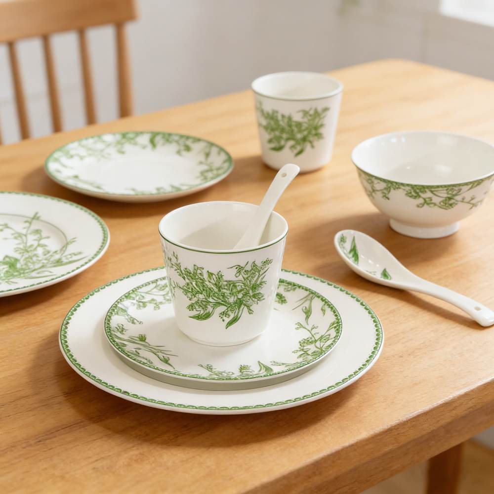Lily of the Valley Green Pattern Bone China Dinnerware Set