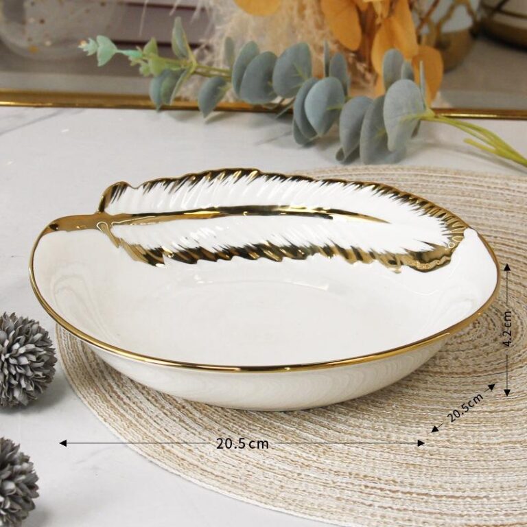 Light Luxury Gold-Rimmed Feather Pattern Porcelain Dinnerware Set