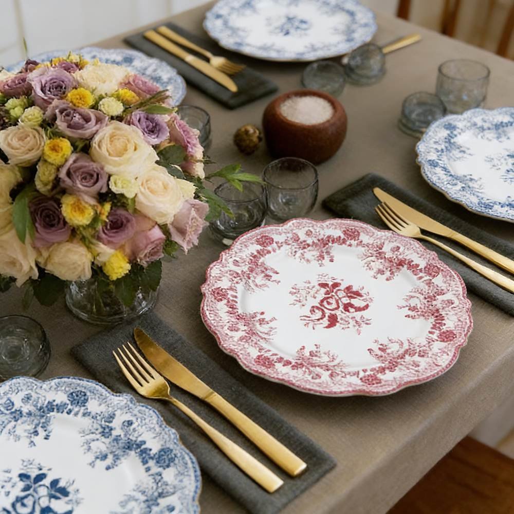 4-Color Floral Scalloped Bone China Wedding Plate Set