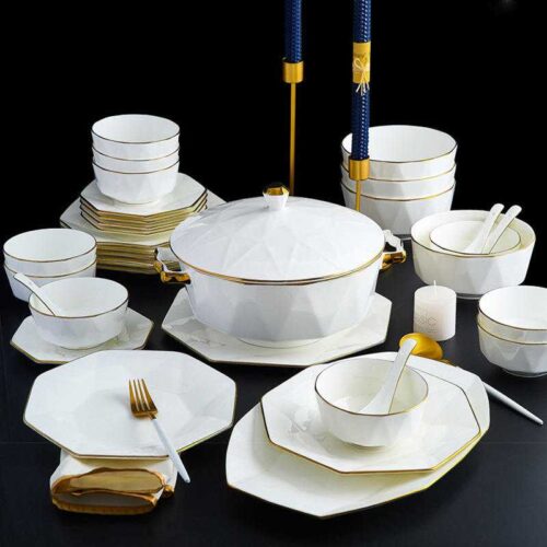 Luxury Gold Rim Diamond Cut Bone China Dinnerware Set